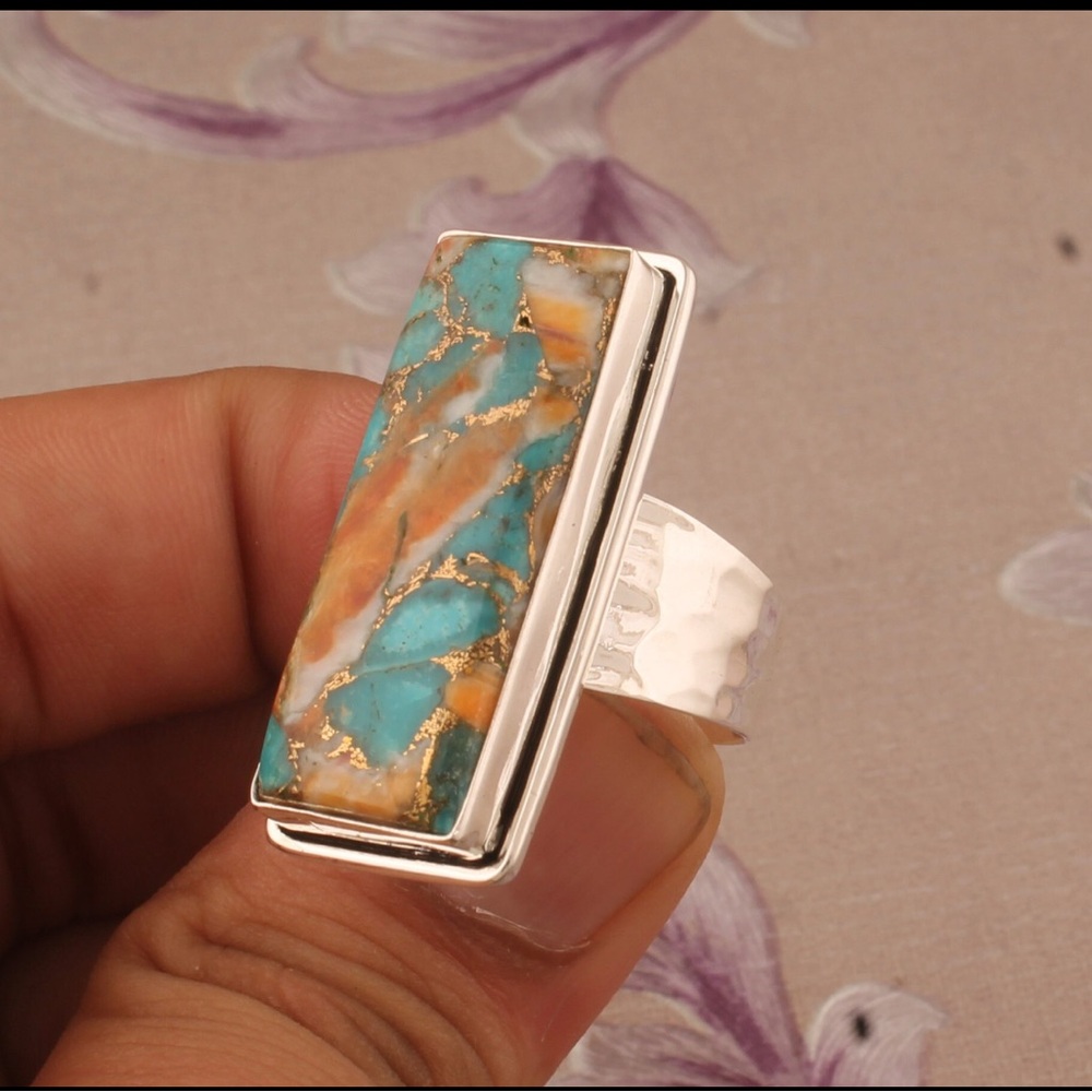 Turquoise and Orange Silver Ring - Picture 2 of 2